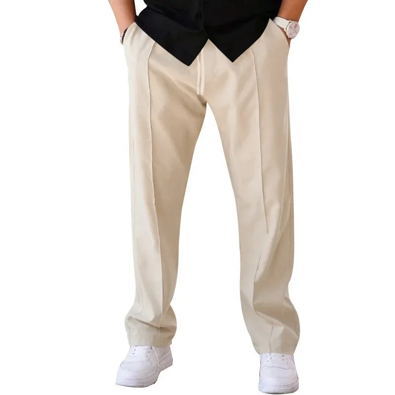 Men’s Loose-Fit Straight Trousers With Side Pockets and Drawstring Waist