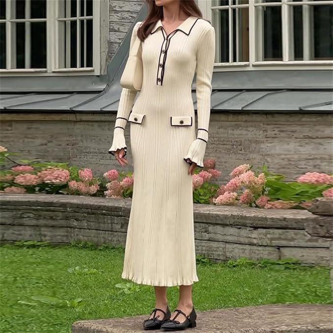 Women’s Ribbed Knitted Midi Dress with Long Sleeves for Winter Wear