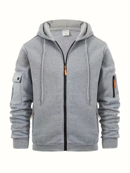 Men's Zip-Up Hoodie with Utility Pockets and Drawstring Hood