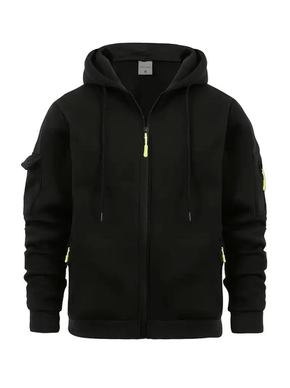 Men's Zip-Up Hoodie with Utility Pockets and Drawstring Hood