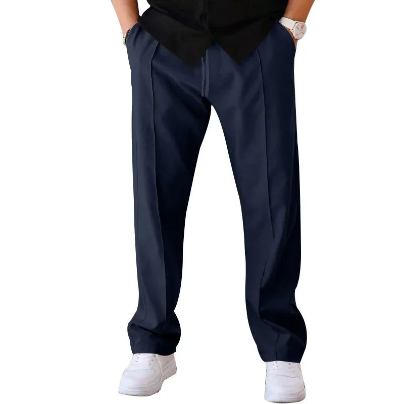 Men’s Loose-Fit Straight Trousers With Side Pockets and Drawstring Waist
