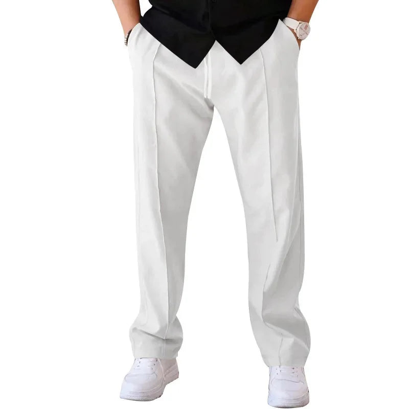 Men’s Loose-Fit Straight Trousers With Side Pockets and Drawstring Waist