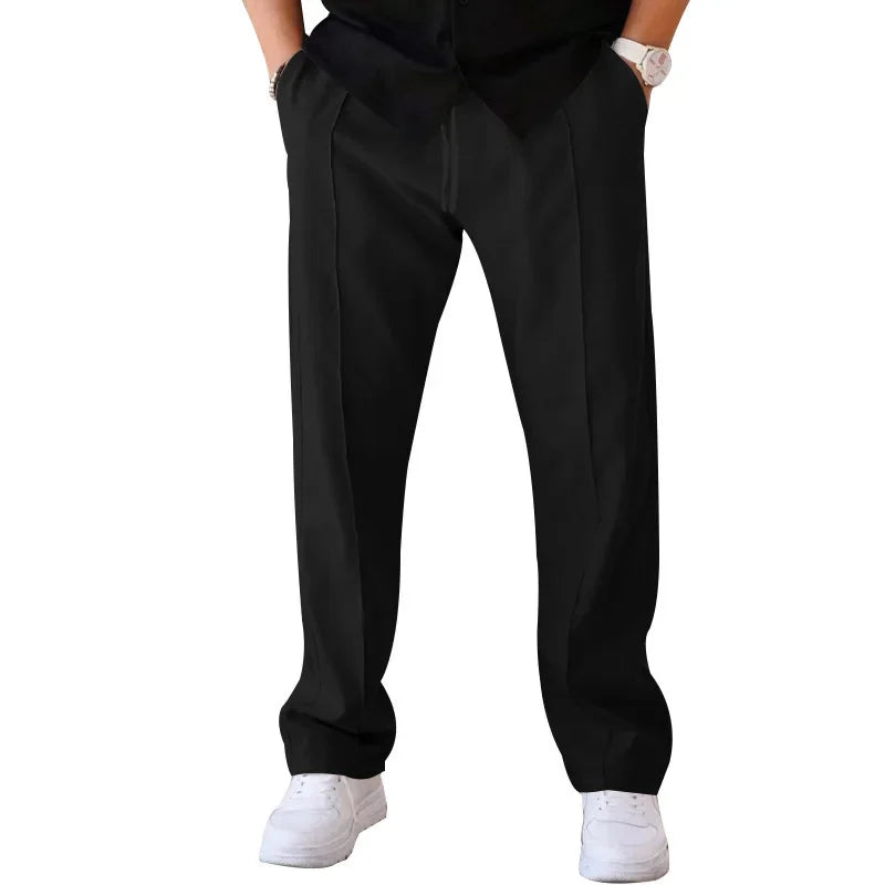 Men’s Loose-Fit Straight Trousers With Side Pockets and Drawstring Waist