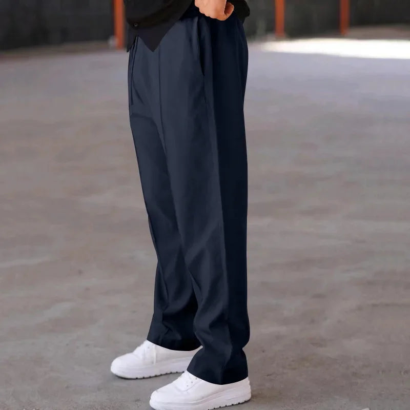 Men’s Loose-Fit Straight Trousers With Side Pockets and Drawstring Waist