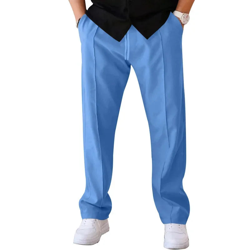 Men’s Loose-Fit Straight Trousers With Side Pockets and Drawstring Waist