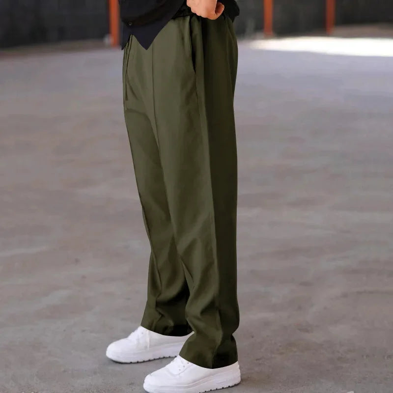 Men’s Loose-Fit Straight Trousers With Side Pockets and Drawstring Waist