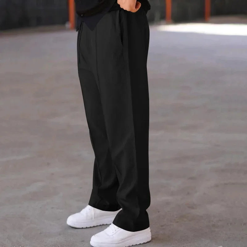 Men’s Loose-Fit Straight Trousers With Side Pockets and Drawstring Waist