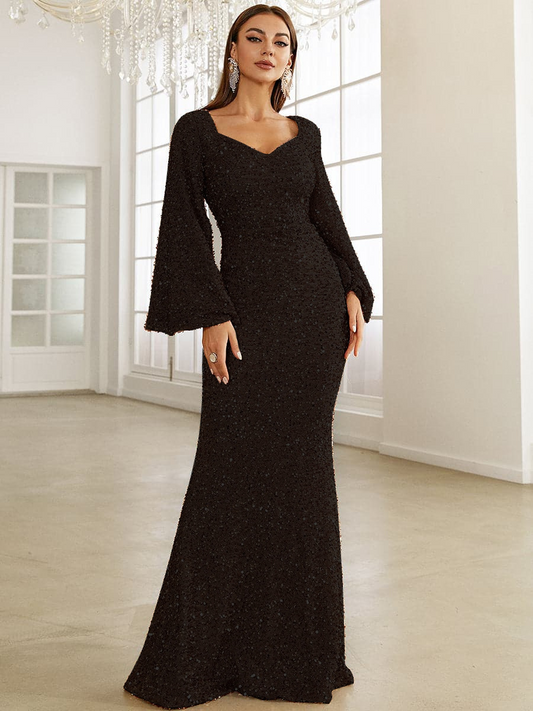 Women’s Long Sleeve Maxi Evening Dress Polyester for Winter