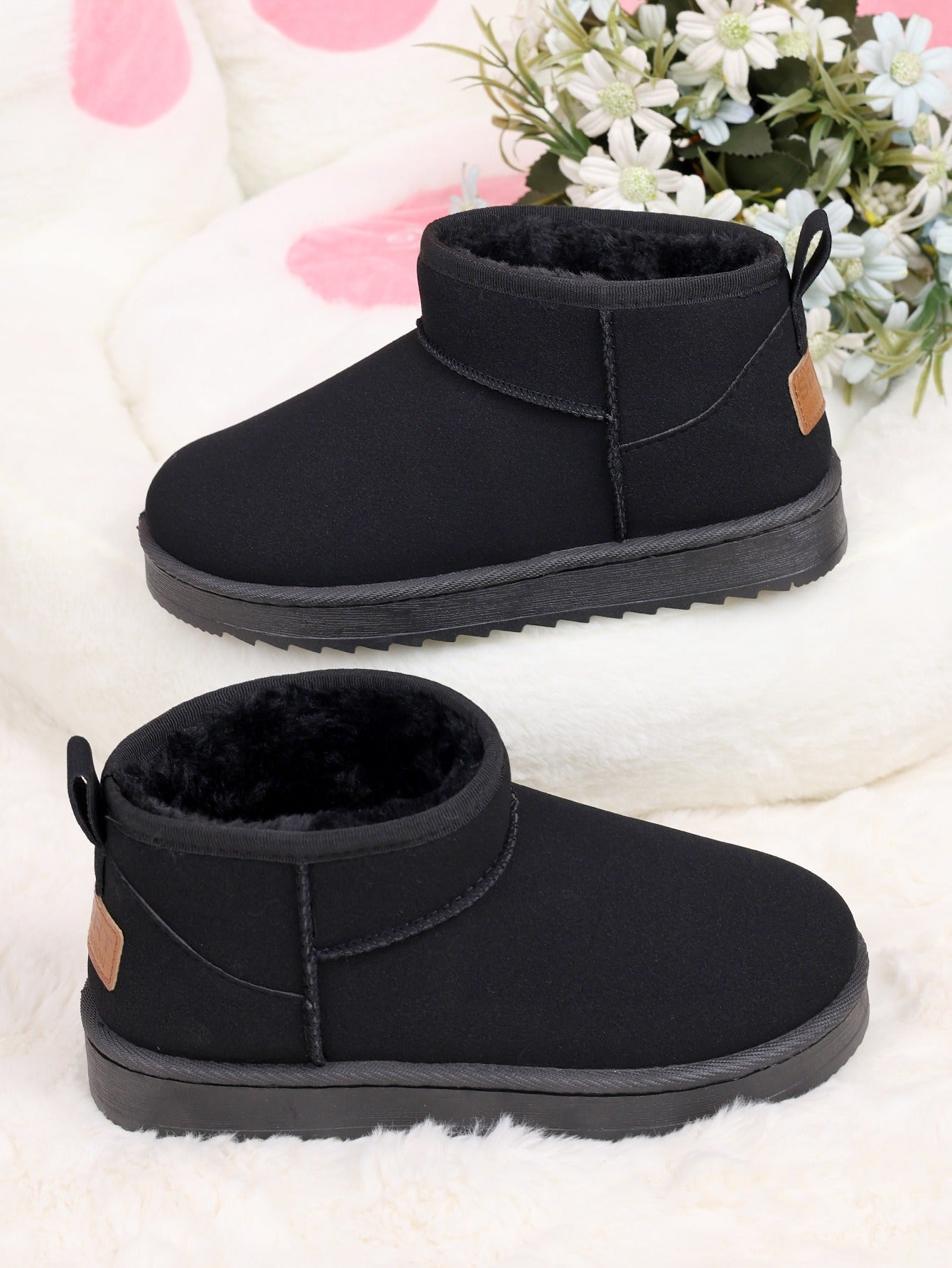 Women's Ultra Mini Platform Boots with Fur Lining – Black Ankle Booties for Winter Comfort